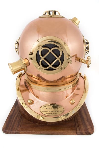 Copper Diving Helmet with Wooden Base - Globe Imports